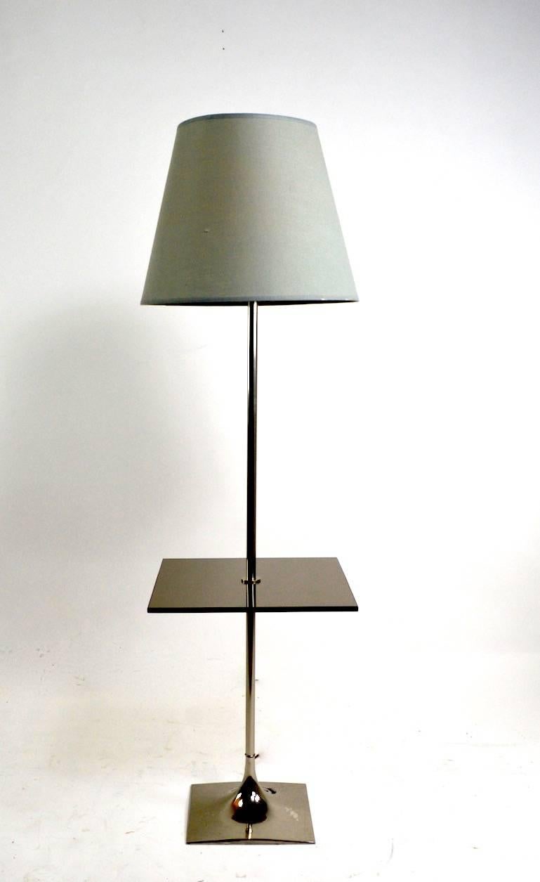 Classic floor lamp with smoked glass shelf, chrome standard and base. Original, clean, and working condition, shade not included. Shelf 15 x 15 inches.