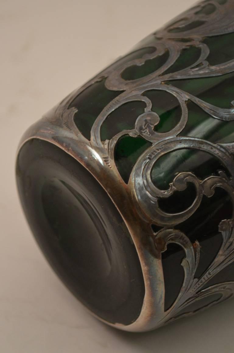 Art Nouveau  Emerald Glass Silver Overlay Vase