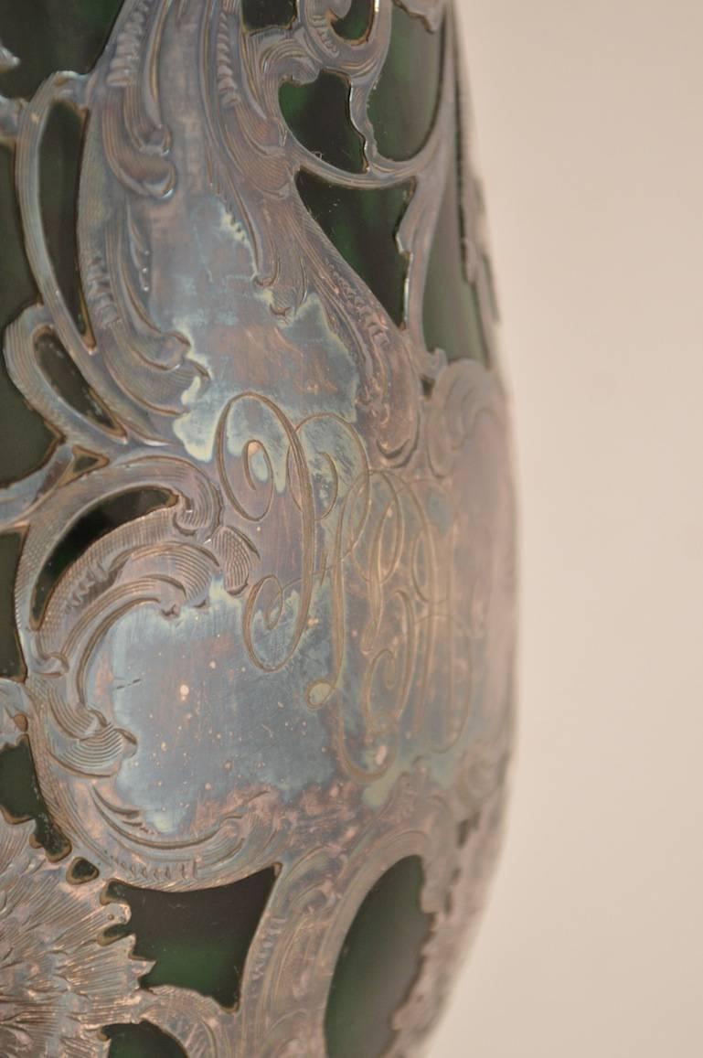 American  Emerald Glass Silver Overlay Vase