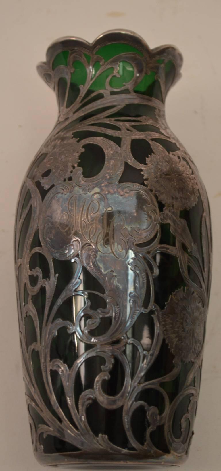 Early 20th Century  Emerald Glass Silver Overlay Vase