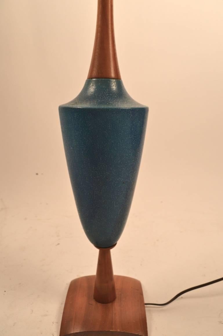 American Mid-Century Ceramic and Teak Lamp