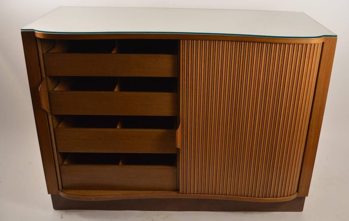 Mahogany Pair Dunbar Mr. Chests with Tambour Roll Fronts