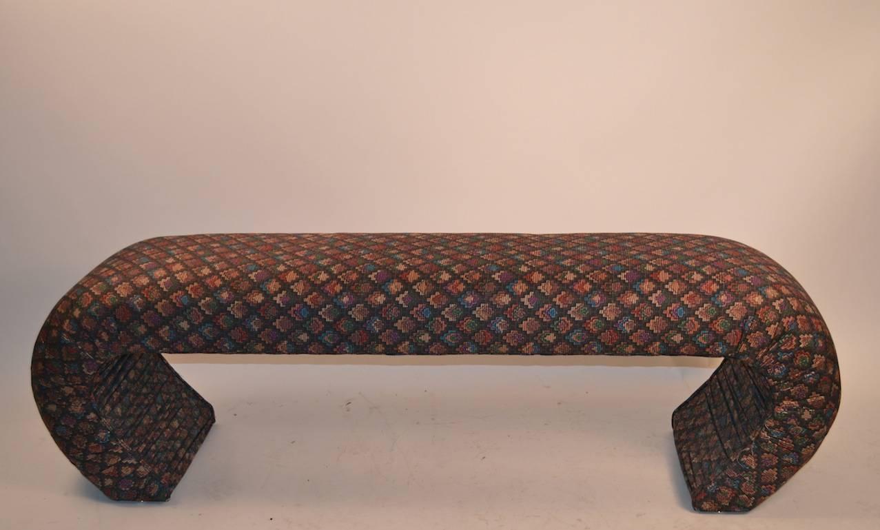 Circa 1980s Waterfall style bench. Fully upholstered form, usable scale, good original condition.