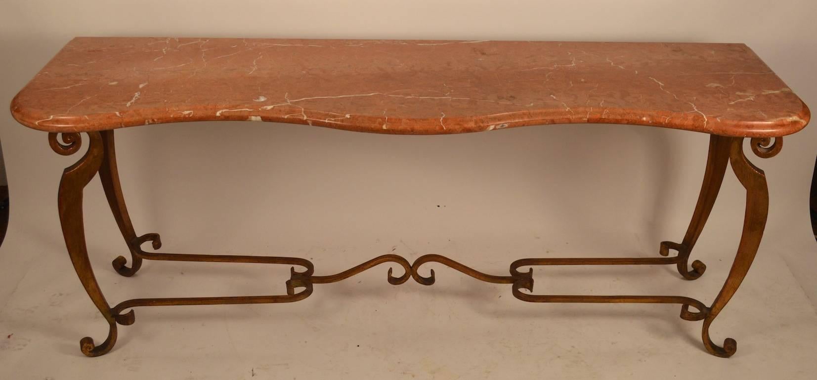 Art Deco Ruoge Marble and Wrought Iron Console Table After Subes