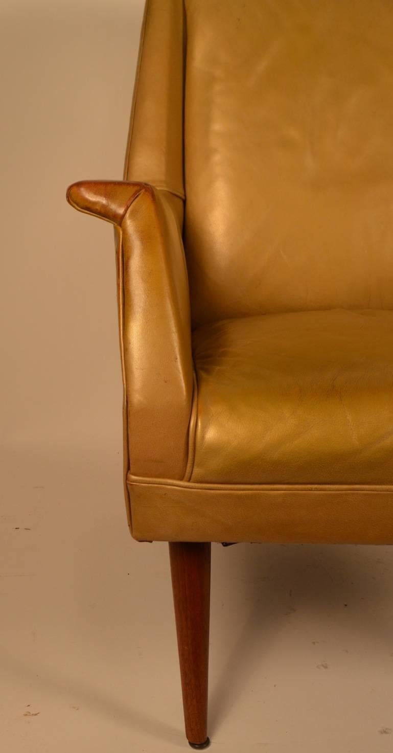 Mid-Century Modern Gold Finish Leather Mid Century Lounge Chair 