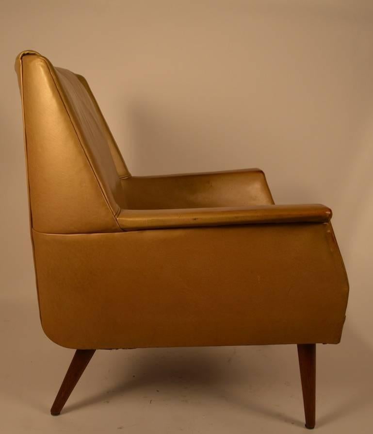 American Gold Finish Leather Mid Century Lounge Chair 