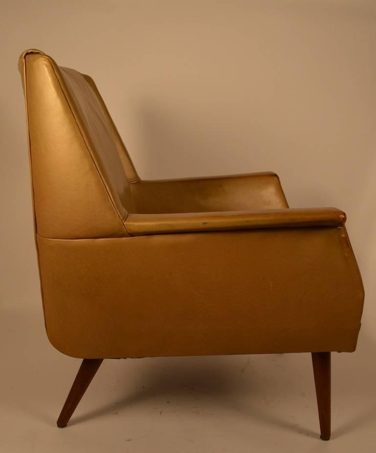 Gold Finish Leather Mid Century Lounge Chair For Sale at 1stdibs