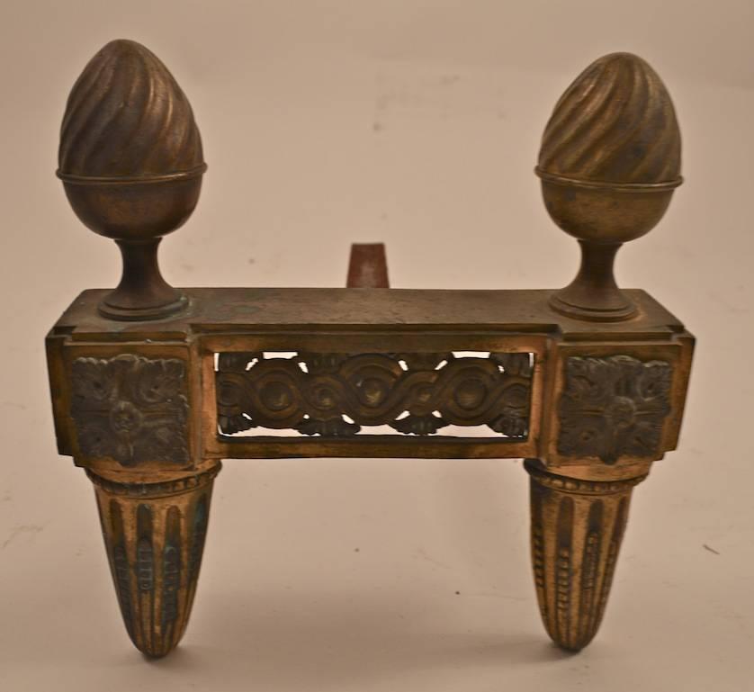 Pair late 19th C chenets, original condition, finish shows some cosmetic wear, normal and consistent with age. Classical design, ready to use antique andirons in cast brass, or bronze.