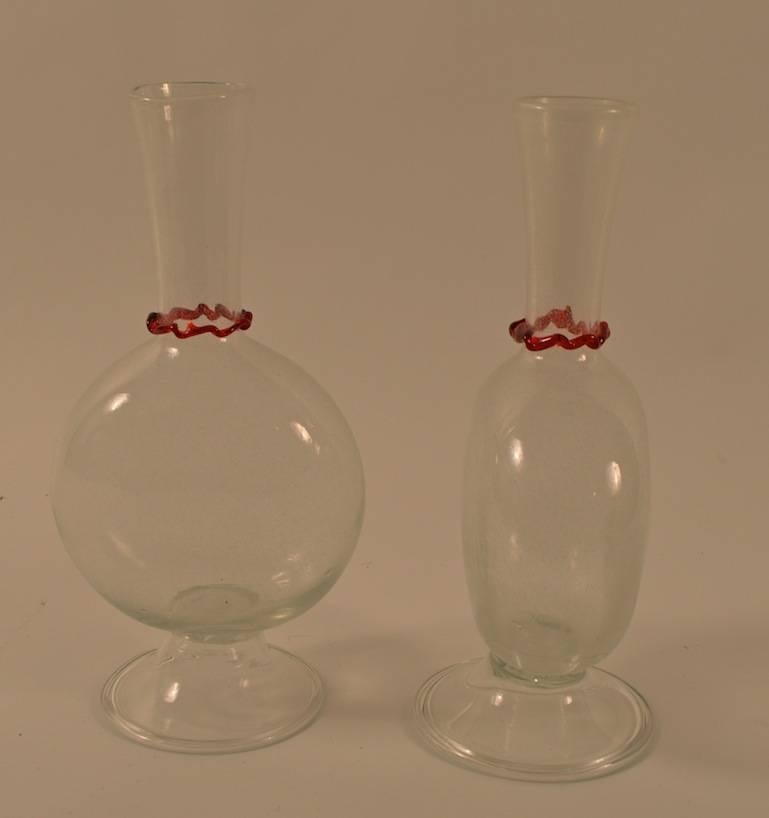 Pair interesting pillow vases, with decorative red  trim at the neck, both in perfect condition. Form in the style of the classic 