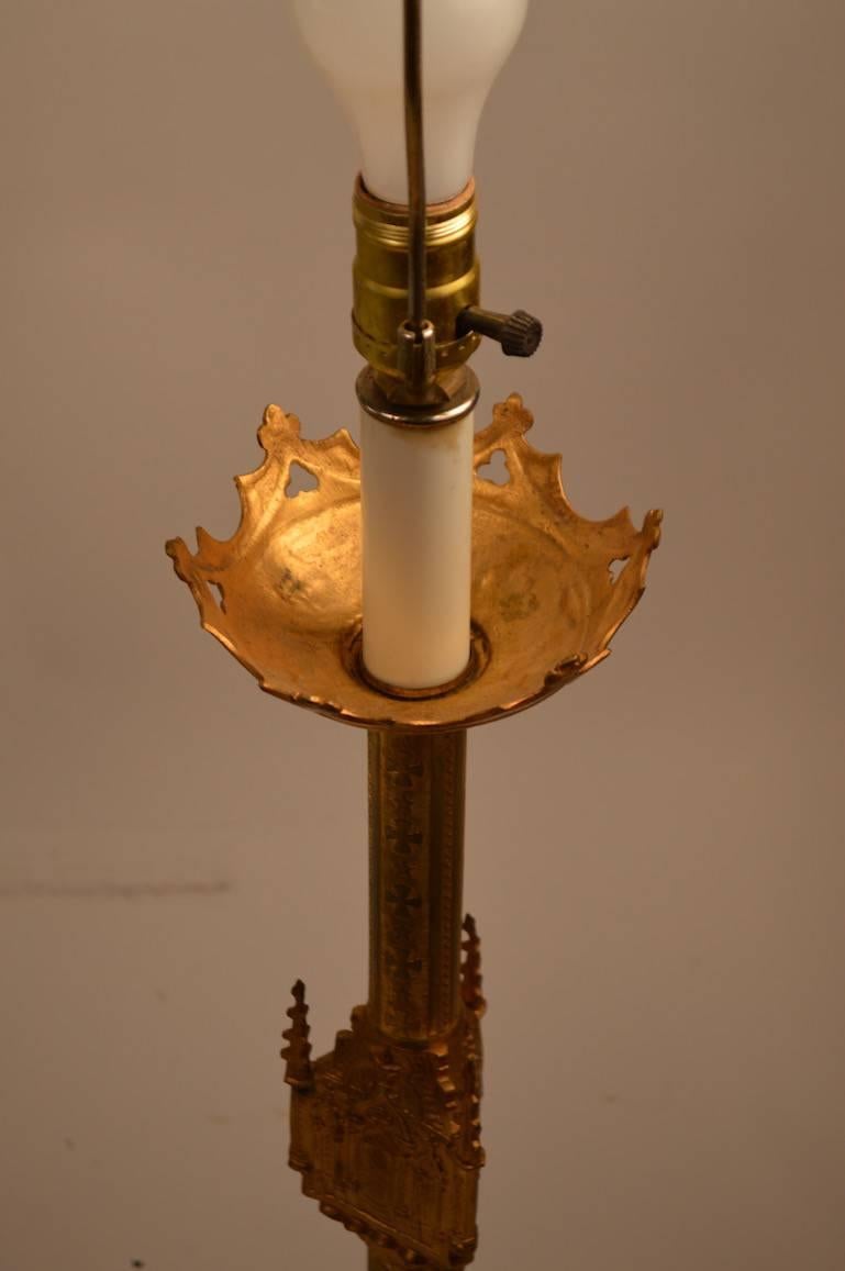 Gothic Revival Pricket lamps, brass and white metal, working, clean, original condition.  Height to top of socket 29