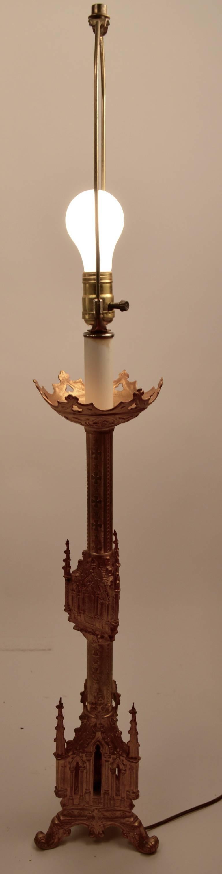 Brass Pair of Gothic Revival Pricket Lamps