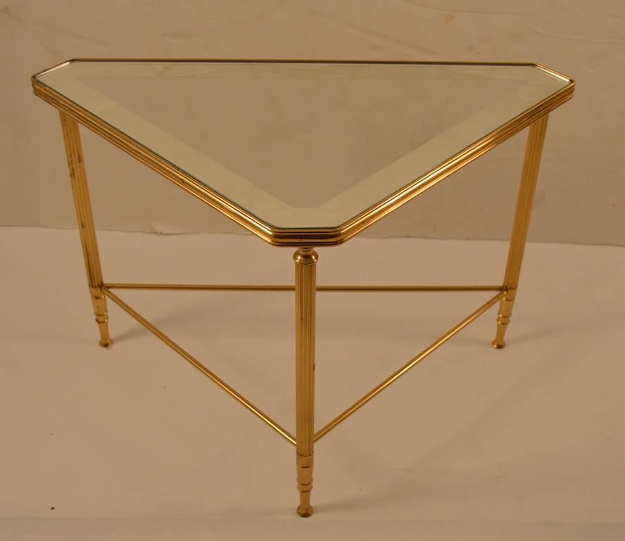 Hollywood Regency Five piece nesting tables brass frames with mirrored tops