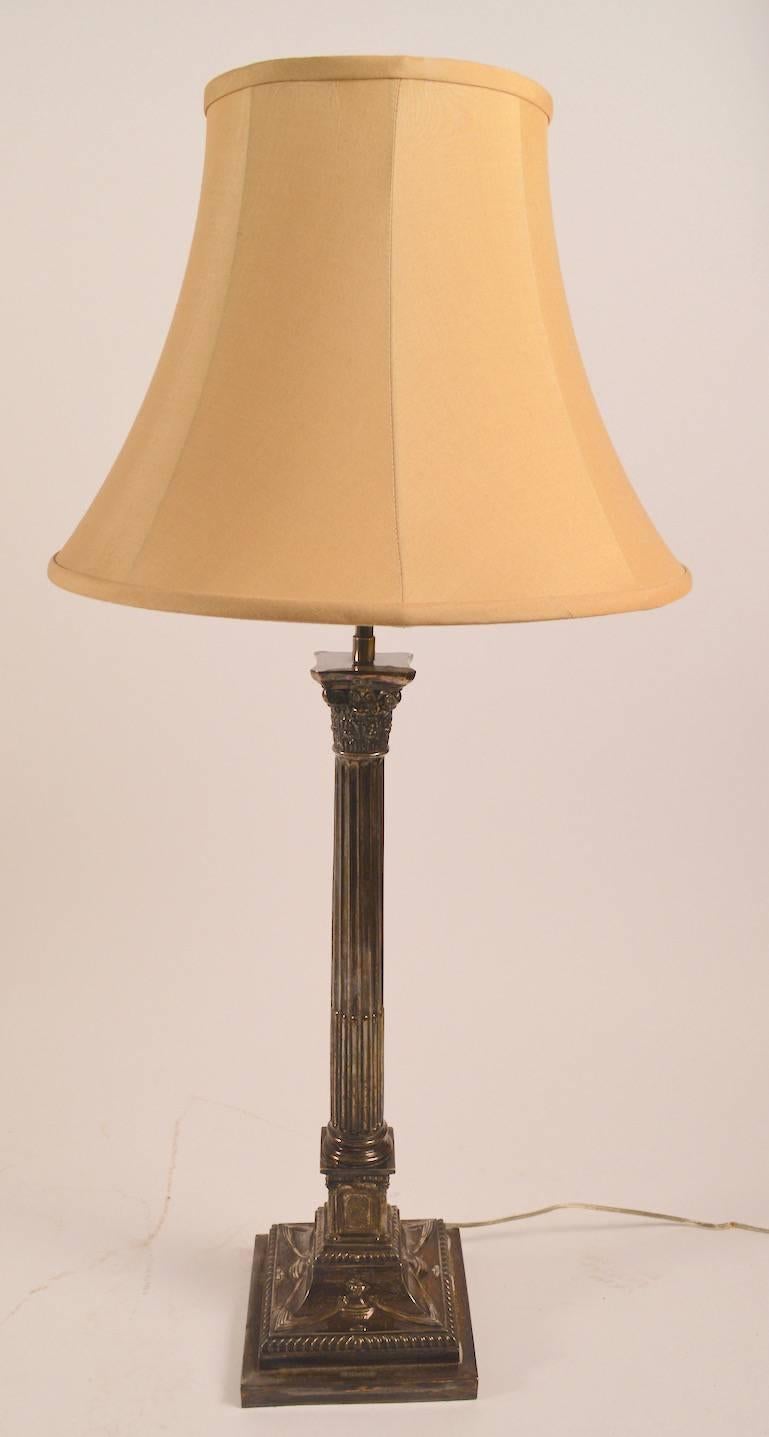 American Classical Pair of Classical Silver Plate Column Lamps For Sale