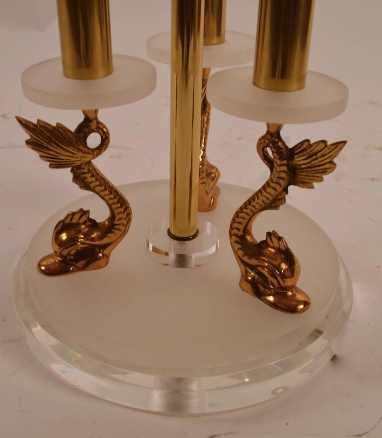 Hollywood Regency Pair of Lucite and Brass Dolphin Serpent Lamps For Sale