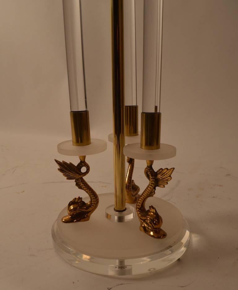 Late 20th Century Pair of Lucite and Brass Dolphin Serpent Lamps For Sale