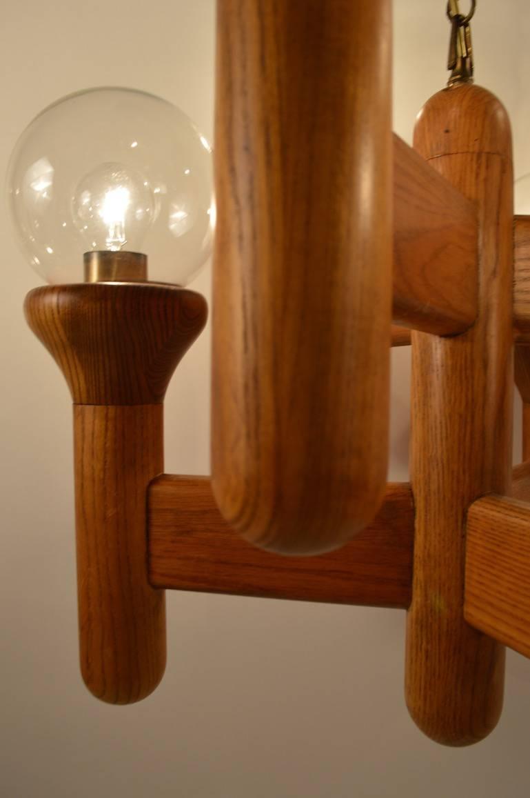 Mod Oak and Glass Six-Light Chandelier In Excellent Condition In New York, NY