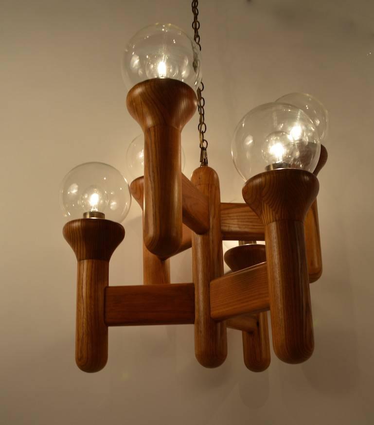 Mid-20th Century Mod Oak and Glass Six-Light Chandelier