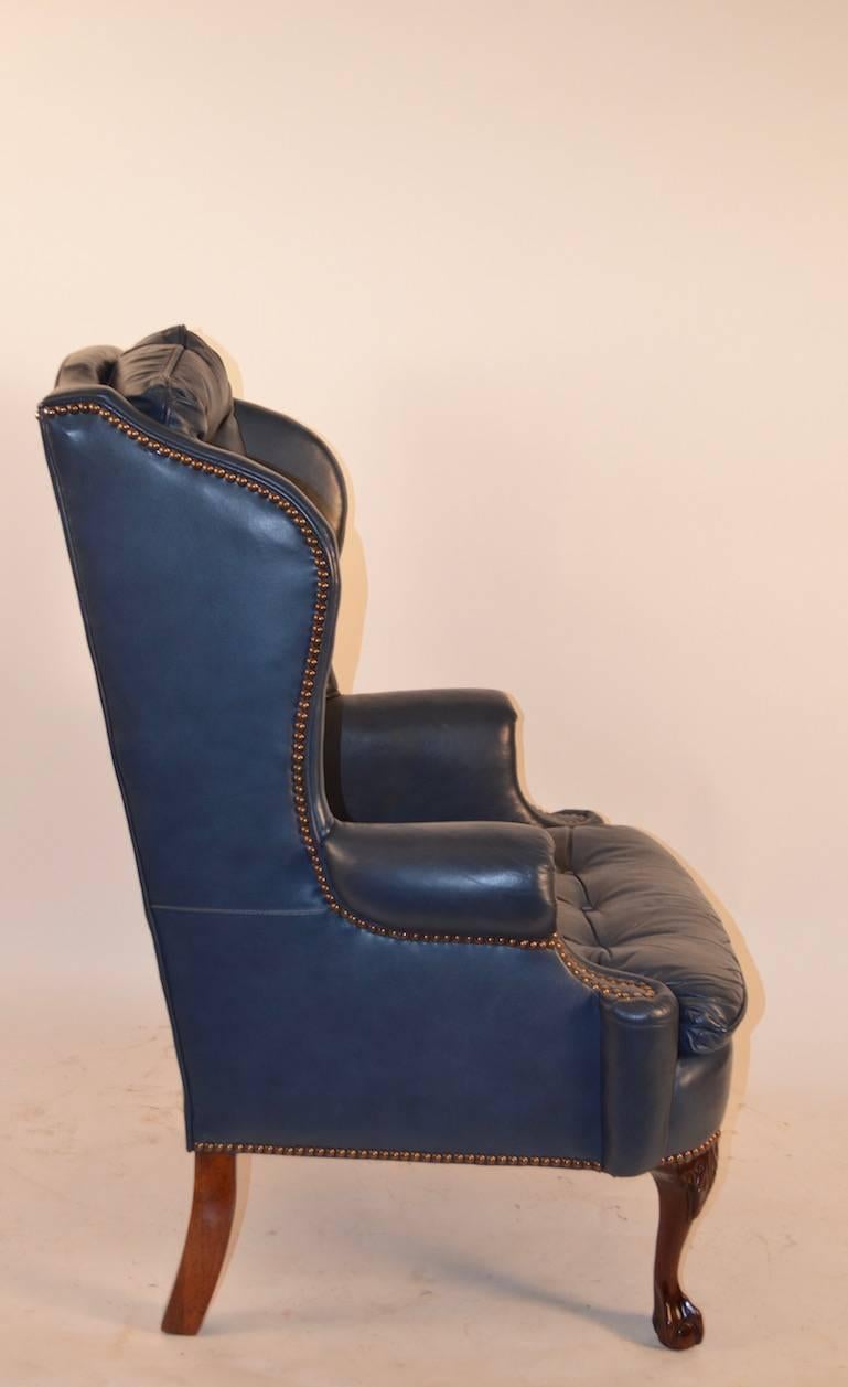 Queen Anne Midnight Blue Leather Wing Chair with Cabriole Leg