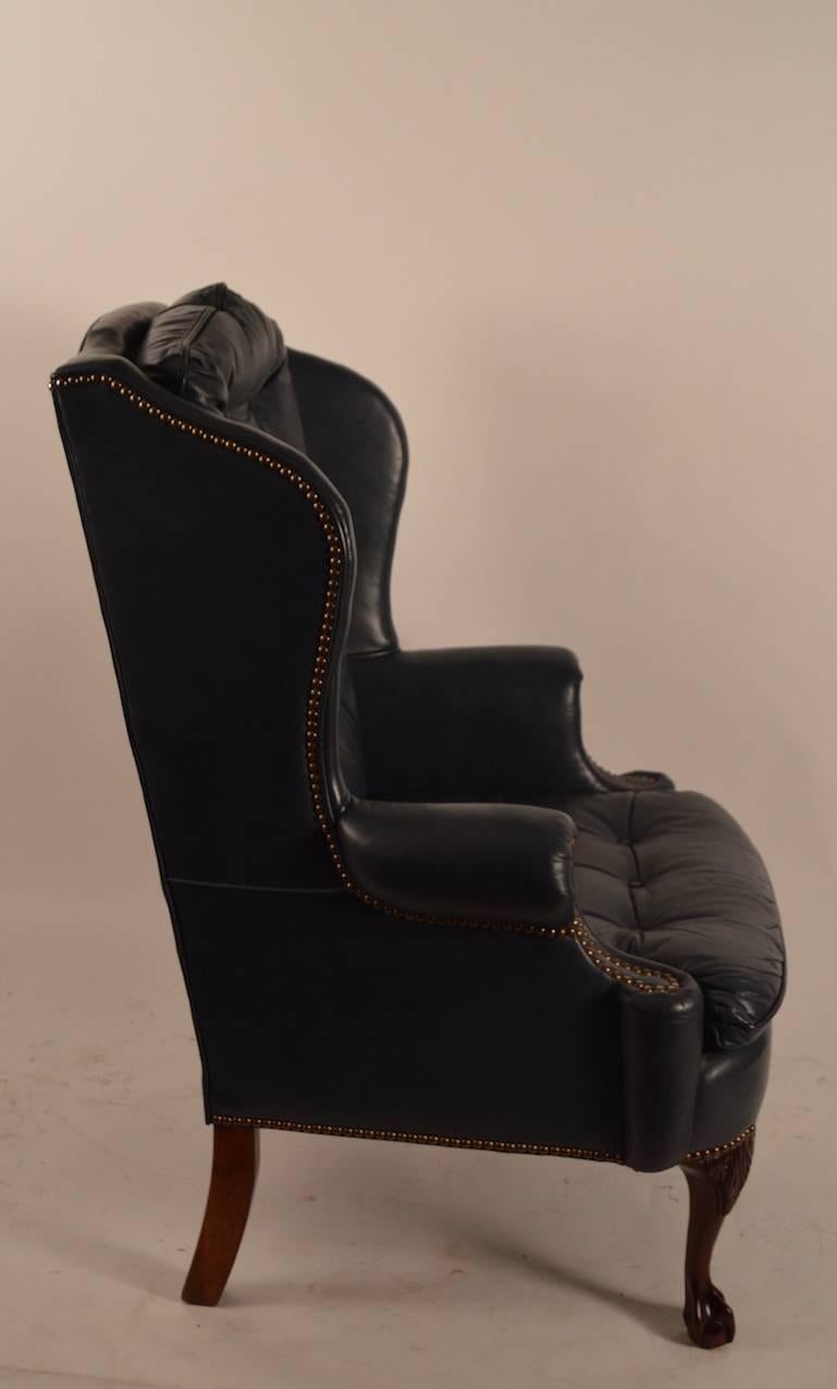 American Midnight Blue Leather Wing Chair with Cabriole Leg