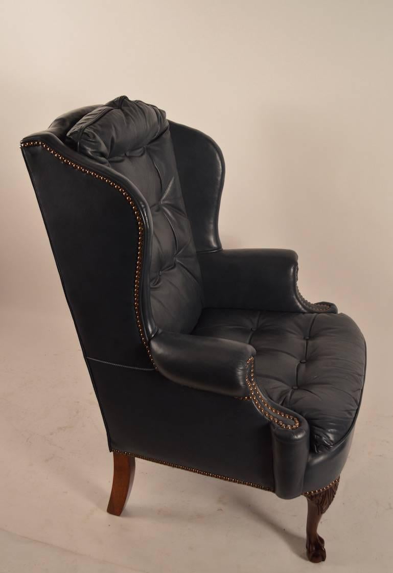 Midnight Blue Leather Wing Chair with Cabriole Leg In Excellent Condition In New York, NY