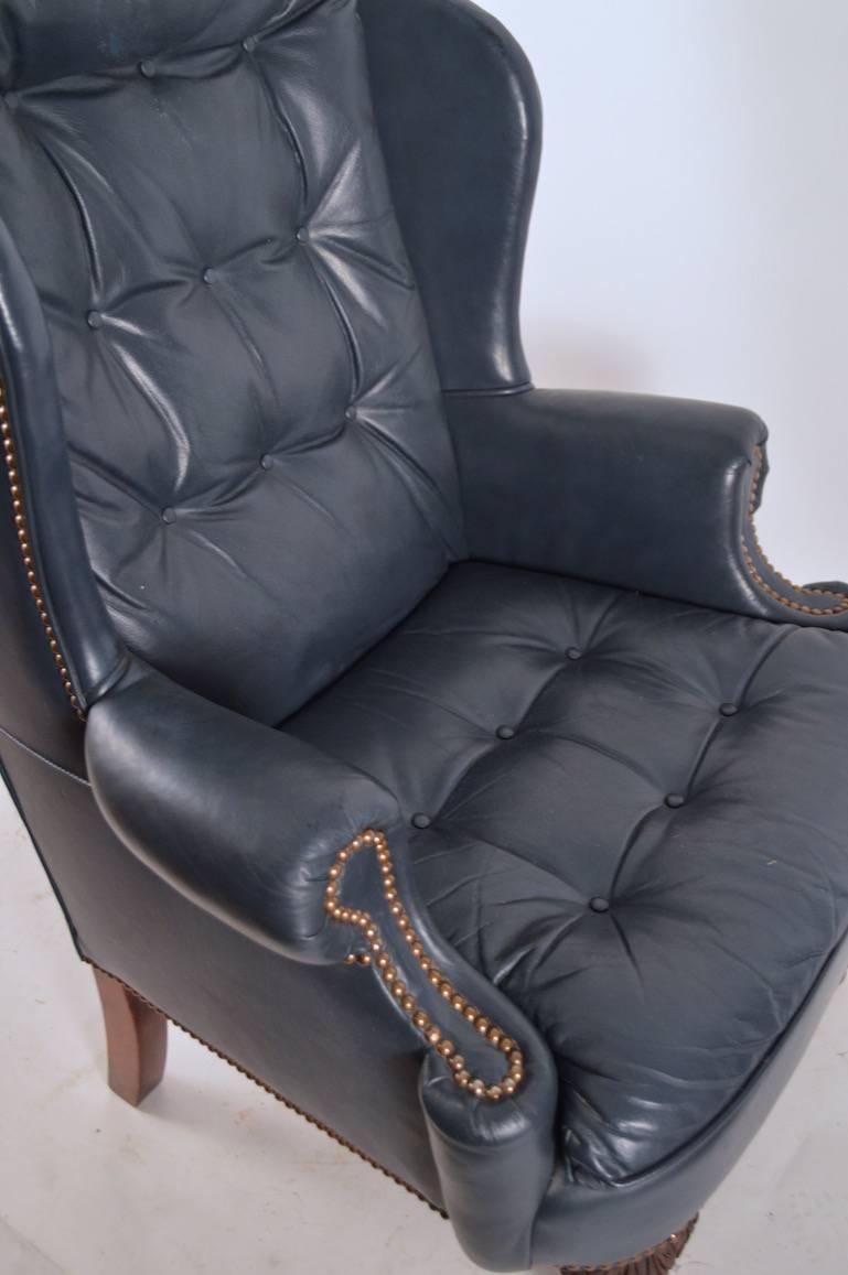 Mid-20th Century Midnight Blue Leather Wing Chair with Cabriole Leg