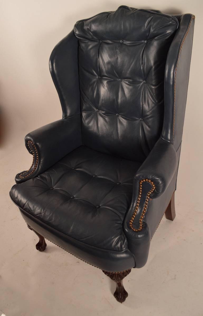 Midnight Blue Leather Wing Chair with Cabriole Leg 1