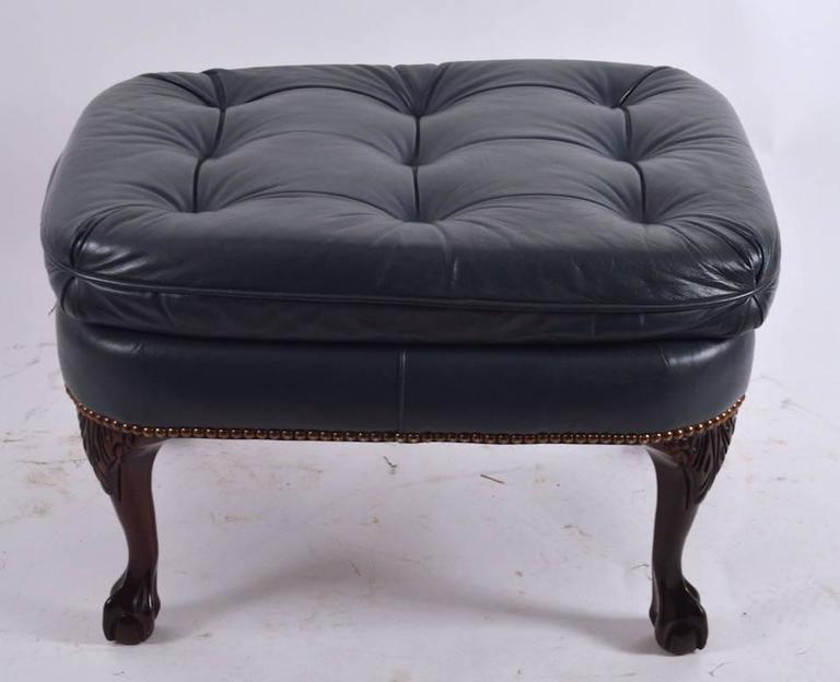 Denim Leather Ottoman Footstool with Cabriole Legs For Sale at 1stDibs