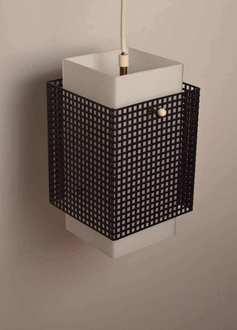 Mid-Century Modern Grid Motif Squared Black and White Pendant Chandelier For Sale