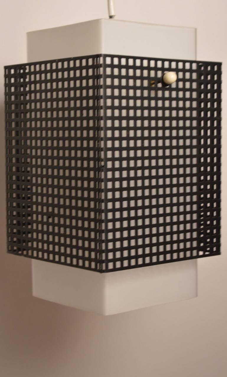 Grid Motif Squared Black and White Pendant Chandelier In Excellent Condition For Sale In New York, NY