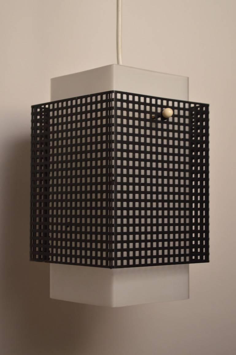 Mid-20th Century Grid Motif Squared Black and White Pendant Chandelier For Sale
