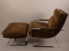 Pair of Cantilever Chrome and Suede Lounge Chairs w/ Matching Ottoman
