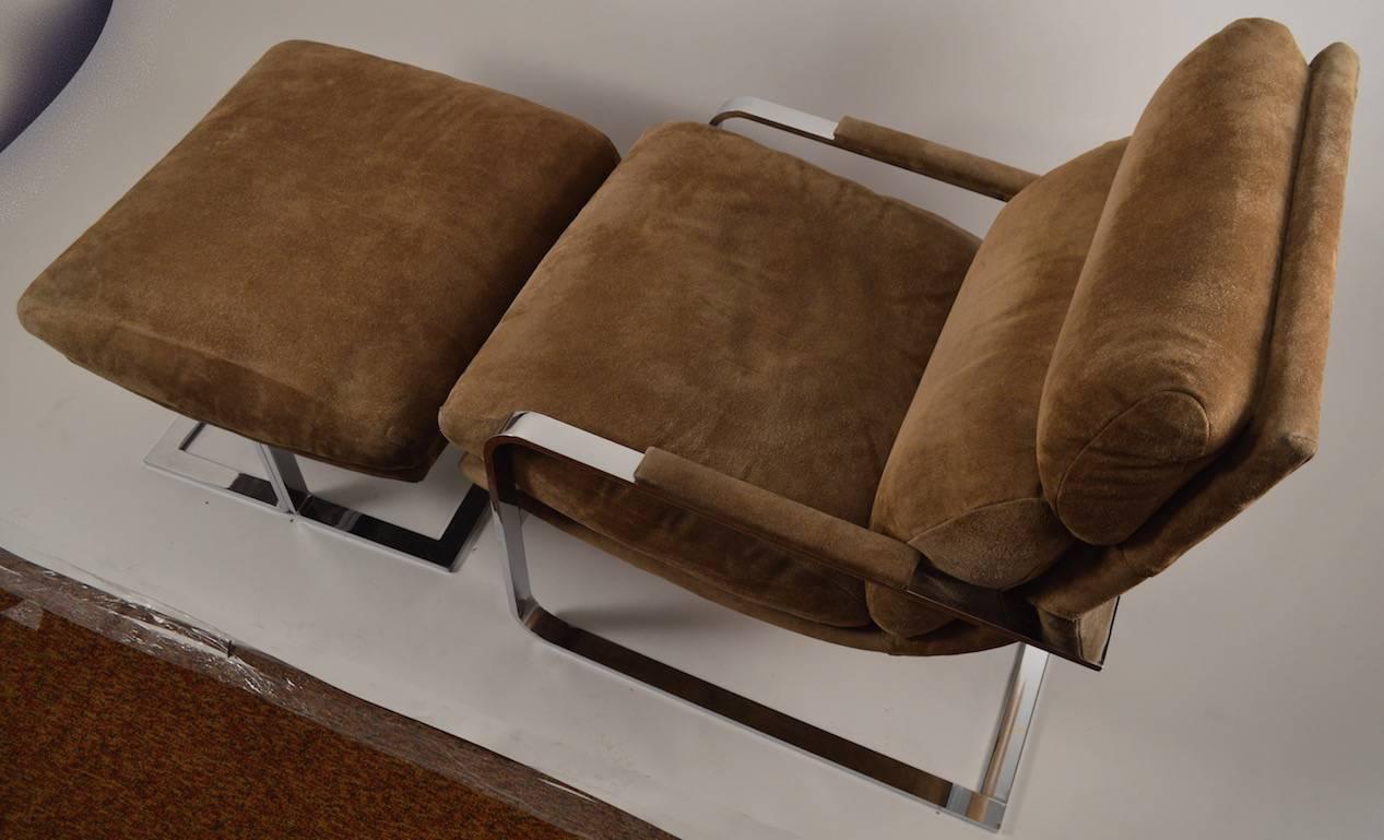 American Pair of Cantilever Chrome and Suede Lounge Chairs w/ Matching Ottoman 