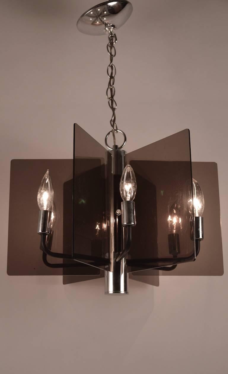 Mid-Century Modern Smoked Lucite and Chrome Chandelier For Sale
