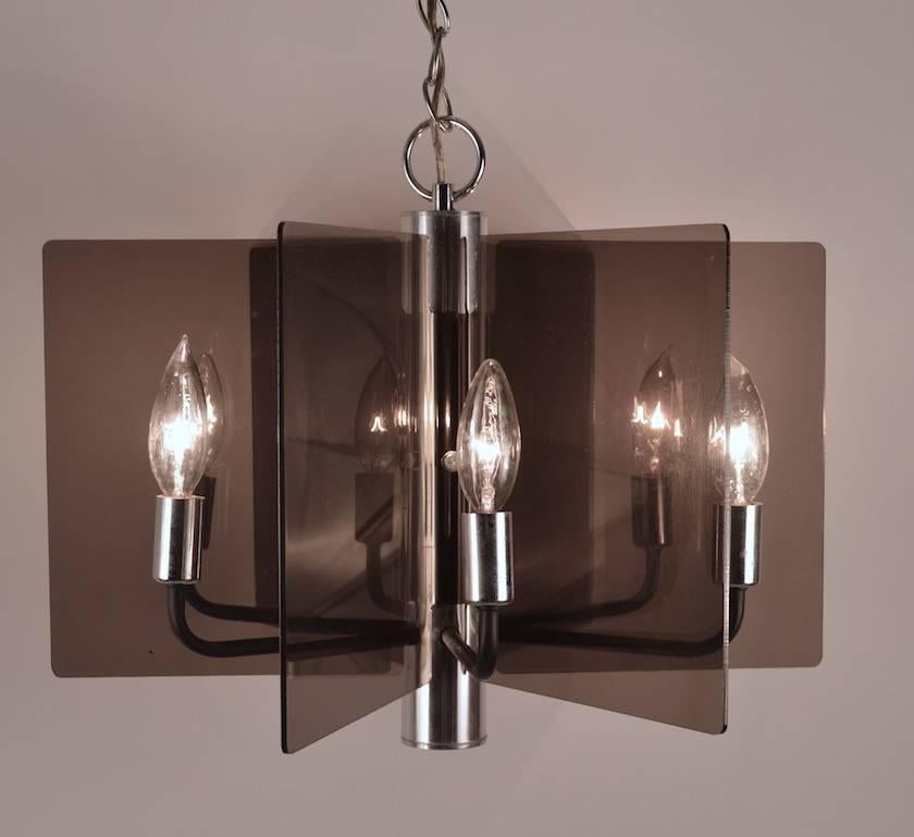 American Smoked Lucite and Chrome Chandelier For Sale