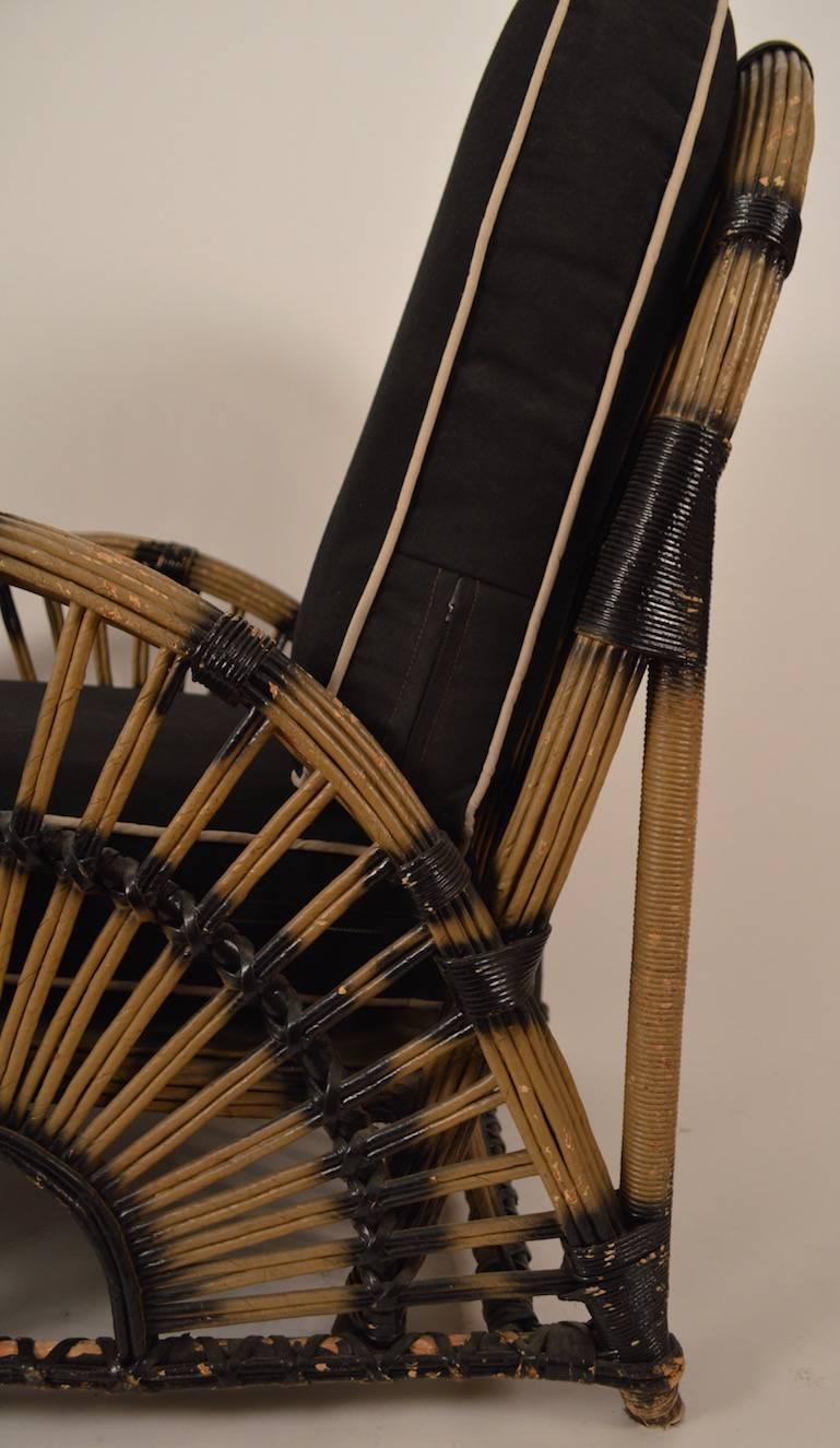 Split reed, stick wicker, twisted paper Art Deco lounge chair. Please view the matching pieces from this set we have listed if you need more pieces.