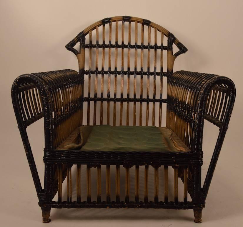 Art Deco stick wicker, split reed, twisted paper lounge chair. Fine and stylish example, in good original condition. Please view the other matching pieces we have listed from this large set.