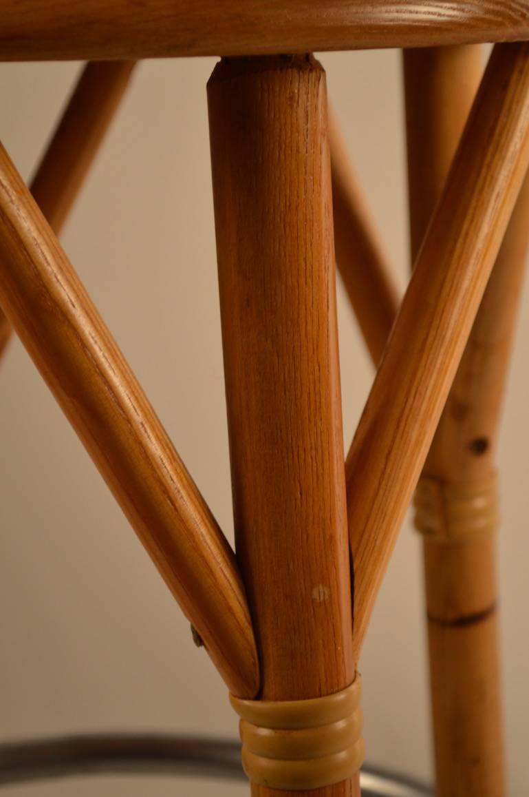 Mid-Century Modern Set of Six Faux Bamboo Oak Swivel Bar, Counter Stools