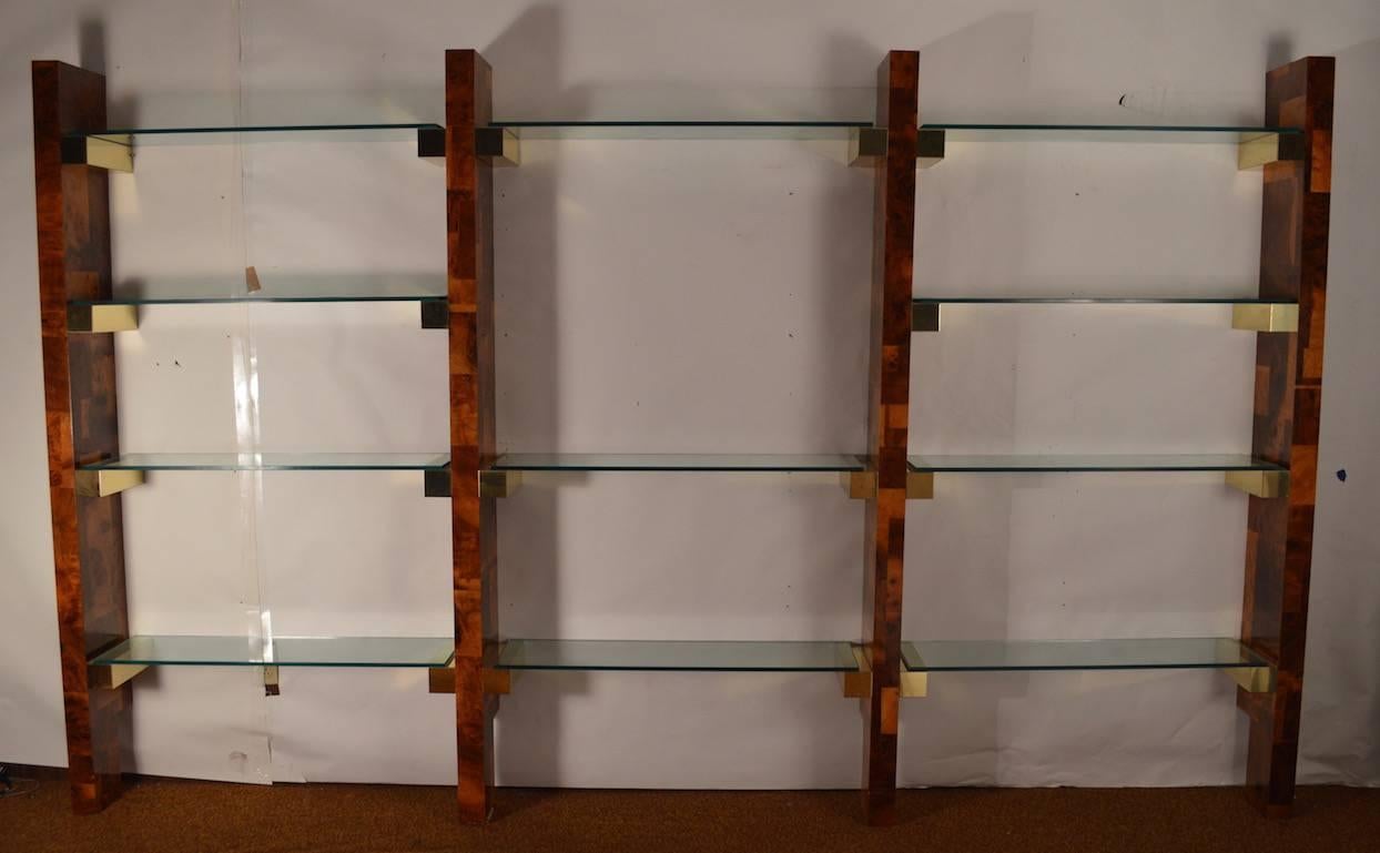 Late 20th Century Paul Evans Cityscape Wall Unit Patchwork Burl, Brass and Glass