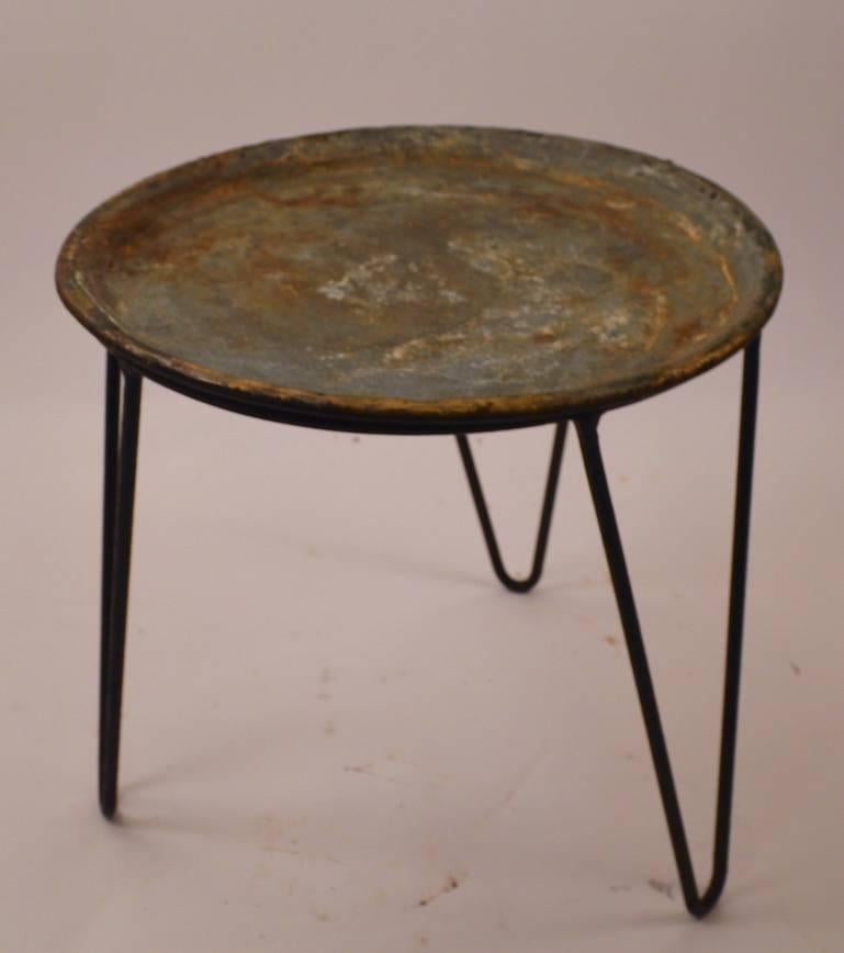 Interesting Mid-Century tray top table, removable zinc top, on wrought iron hairpin leg base. Design after Umanoff, Weinberg, McCobb, etc.