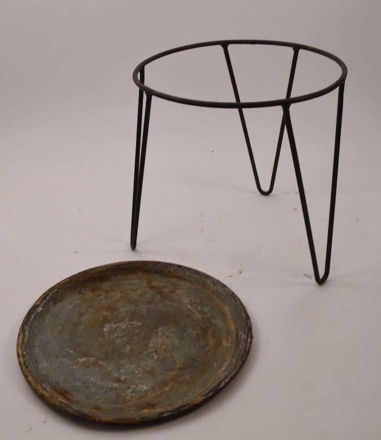 Mid-Century Modern Round Wrought Iron and Zinc Plant Stand Tray Table with Hairpin Legs