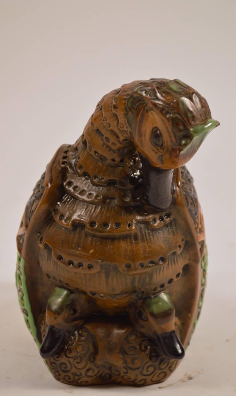 Unusual form, mother duck, with two ducklings. Fully marked, in perfect condition. Art pottery from the Arts and Crafts Movement, in Austria.