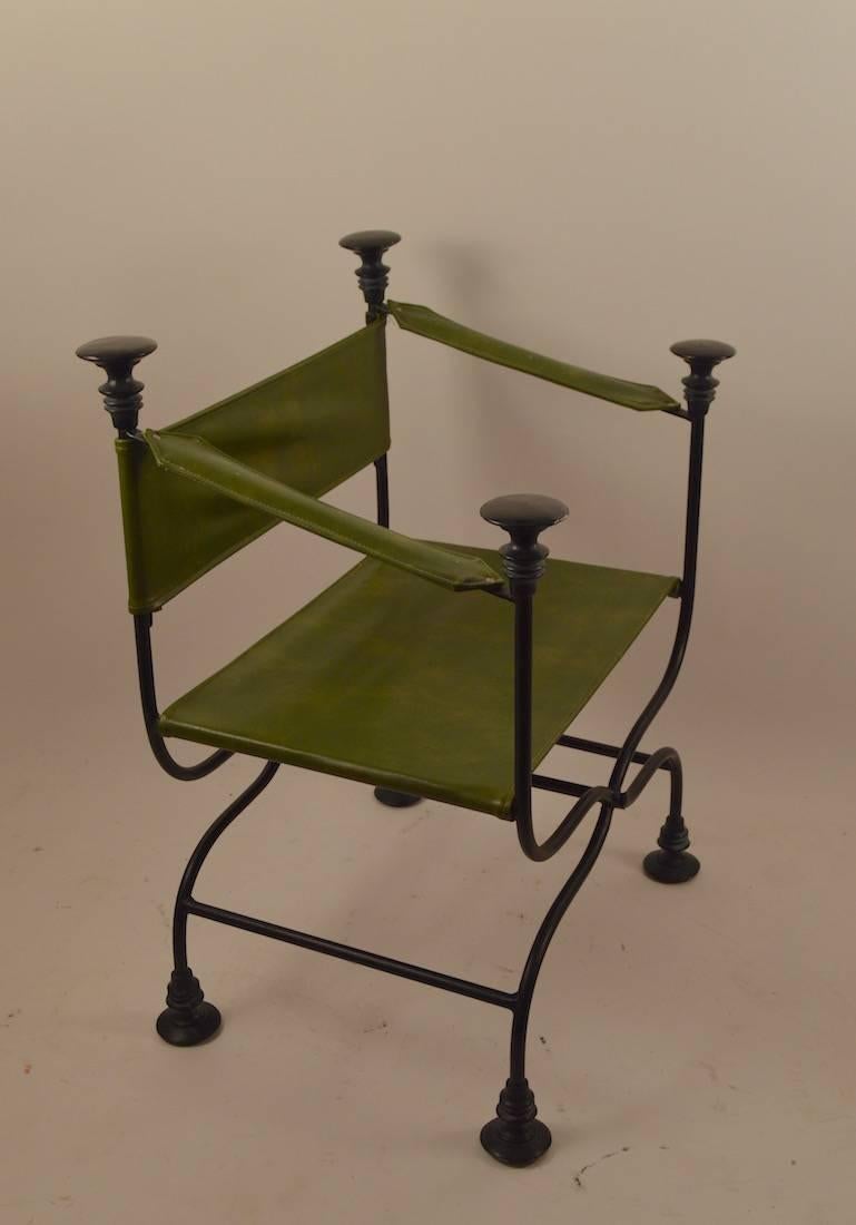 Hollywood Regency Pair of Campaign Chairs with Green Vinyl Seats, Backrest and Armrests