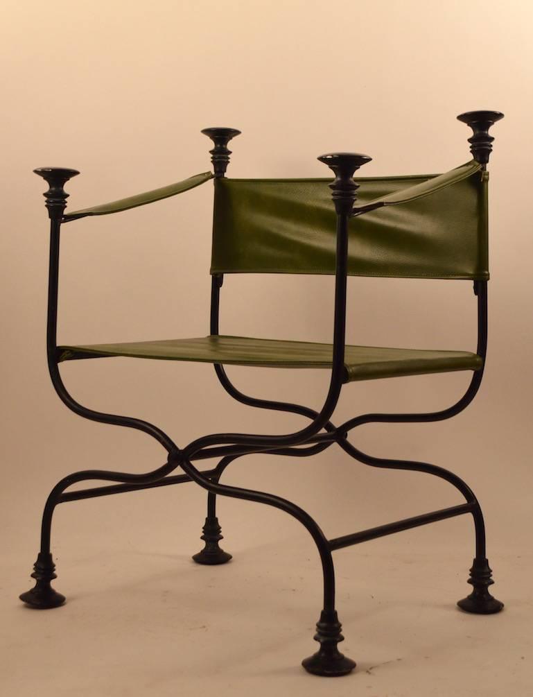 Mid-20th Century Pair of Campaign Chairs with Green Vinyl Seats, Backrest and Armrests