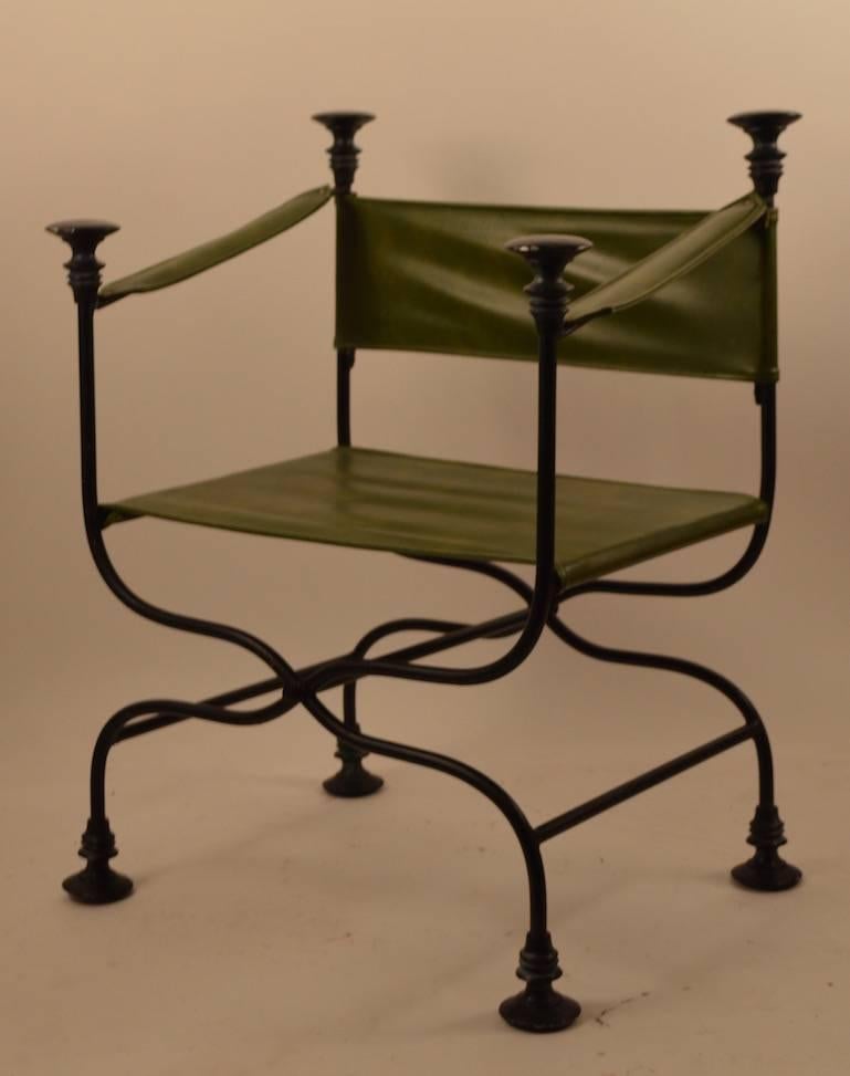 Upholstery Pair of Campaign Chairs with Green Vinyl Seats, Backrest and Armrests