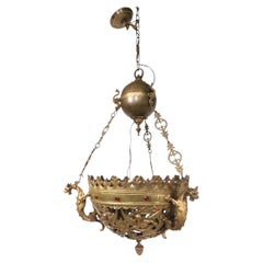 Gothic Revival Cast Brass and Jeweled Cistern Repurposed as a Chandelier 19th C