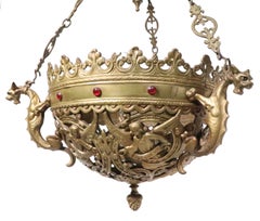 Gothic Revival Cast Brass and Jeweled Cistern Repurposed as a Chandelier 19th C