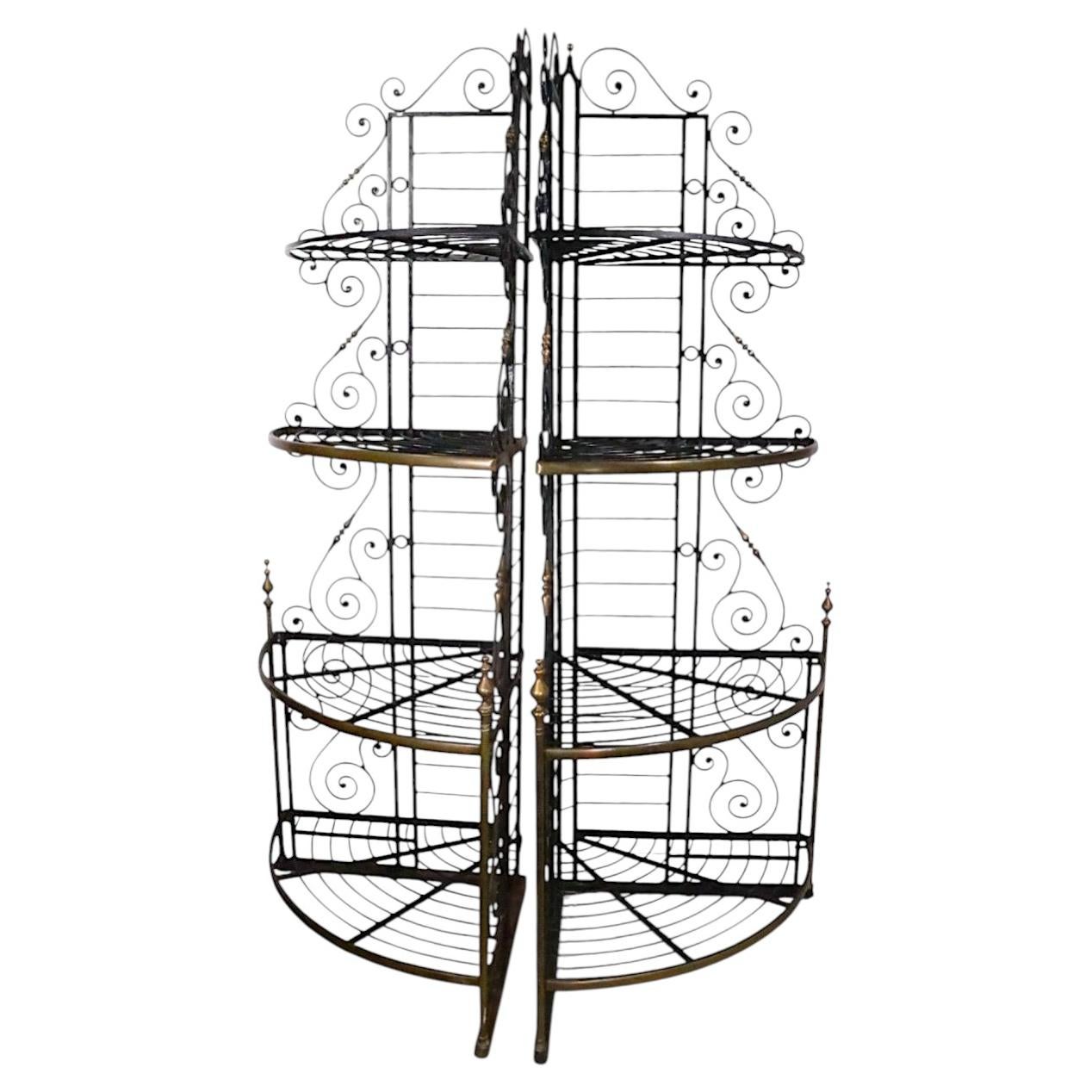 Pair Semi Circular Iron and Brass French Style Bakers Racks For Sale