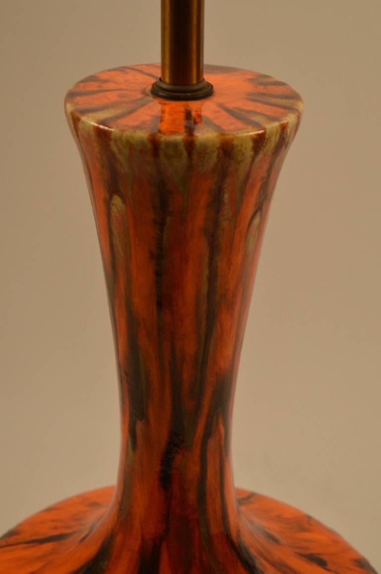 Mid-20th Century Pair of Bulbous Orange Drip Glaze Table Lamps