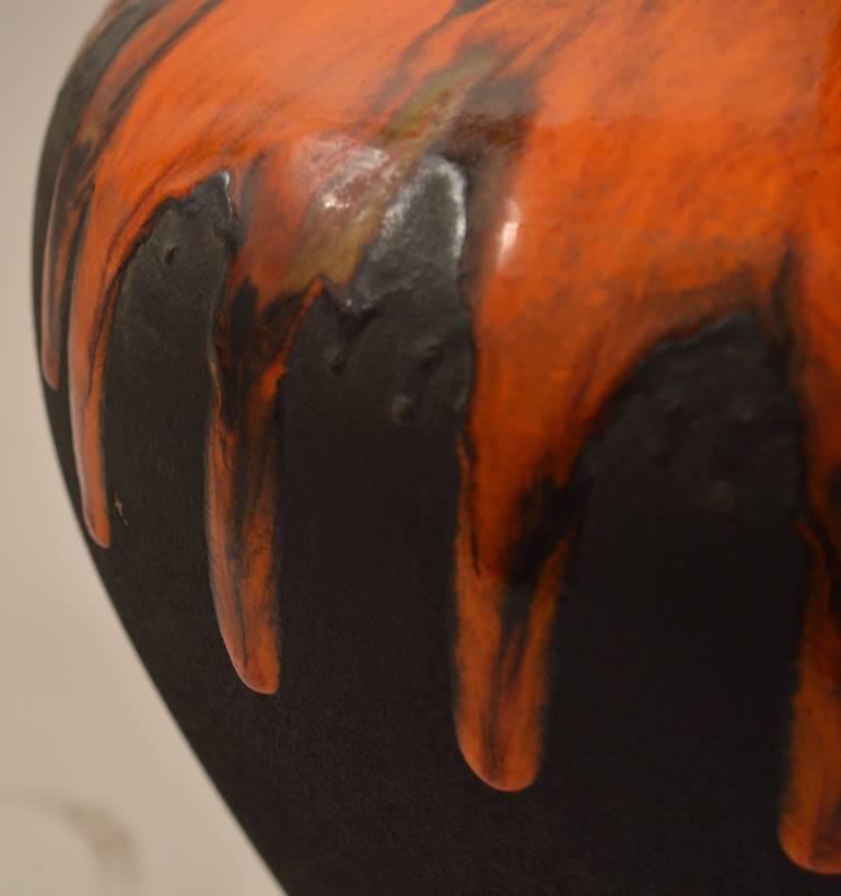 Ceramic Pair of Bulbous Orange Drip Glaze Table Lamps