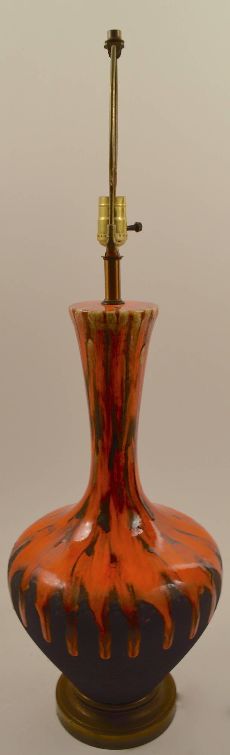 Mid-Century Modern Pair of Bulbous Orange Drip Glaze Table Lamps